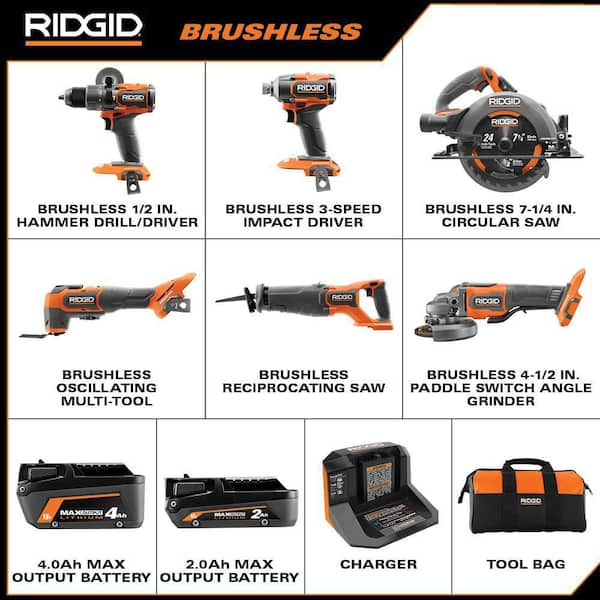 18V Brushless Cordless 6-Tool Combo Kit with 4.0 Ah and 2.0 Ah MAX Output Batteries and Charger