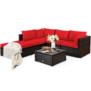 6-Piece Wicker Outdoor Patio Conversation Set Rattan Furniture Set with Red Cushions, Ottoman and Coffee Table