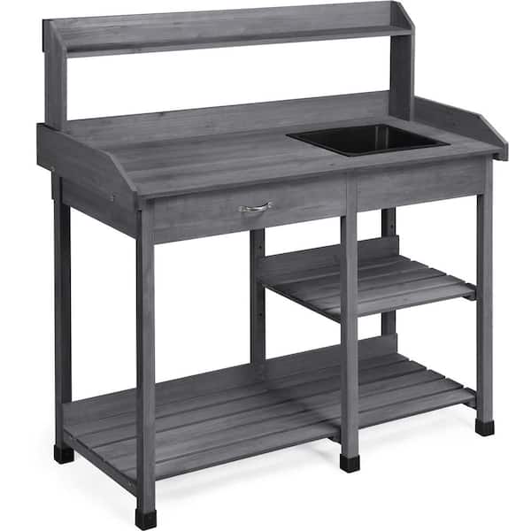 Outdoor Solid Wood Potting Bench with Drawer, Adjustable Shelf Rack and Removable Sink