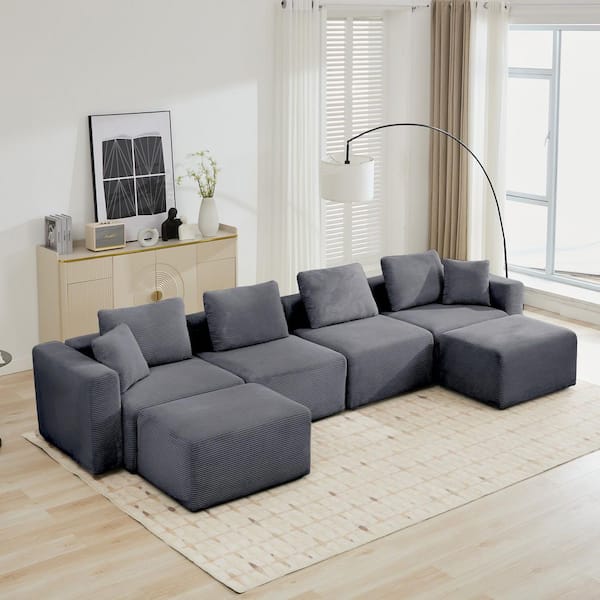 Jearey 143.7 in. Width Square Arm Corduroy Fabric U-Shaped Sectional Sofa with 2-Ottomans in Dark Gray