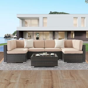 7-Piece PE Wicker Rattan Patio Conversation Sets All-Weather Sofa Set with Gray Cushion, Brown wicker