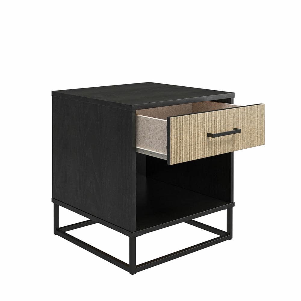Coastal Charm Black Oak & Faux Rattan Nightstand with Drawer