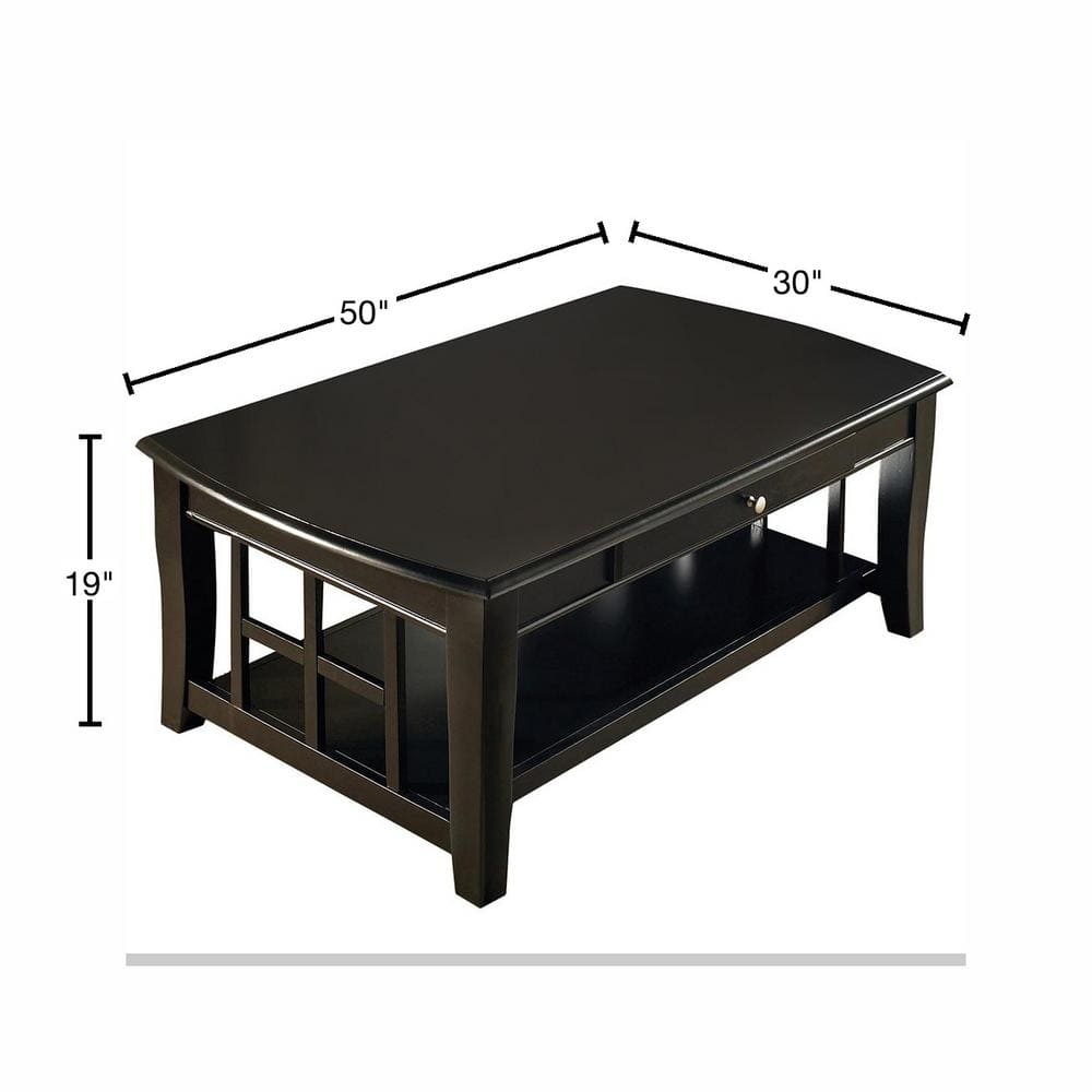 Black Rectangular Wood Coffee Table with Storage and Shelf