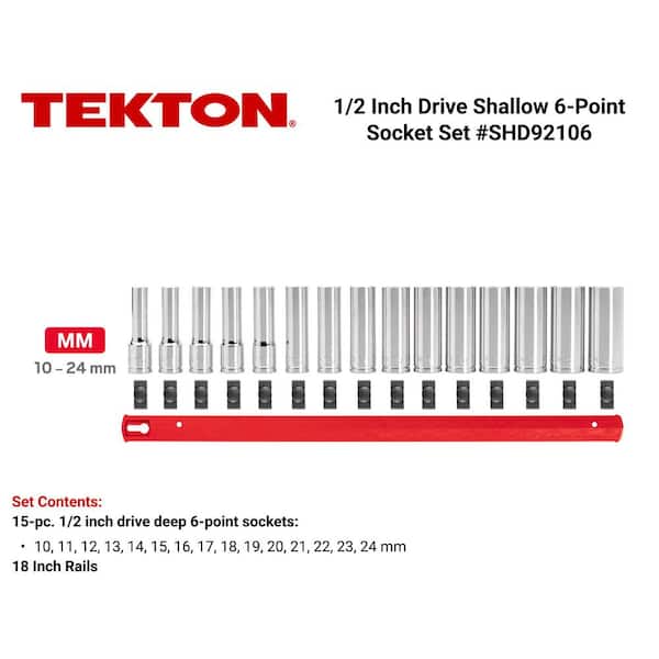 TEKTON 1/2 Inch Drive Deep 6-Point Socket Set – 15-Piece (10-24 Mm) With Rail