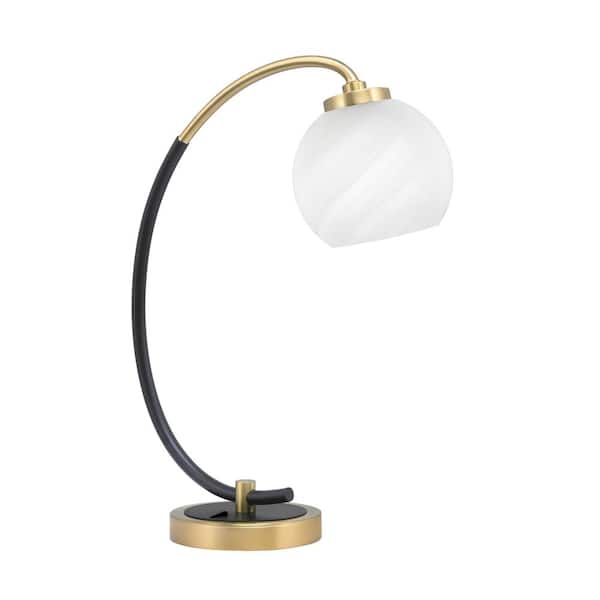 Unbranded Delgado 18.25 in. Matte Black and New Age Brass Accent Desk Lamp with White Marble Glass Shade