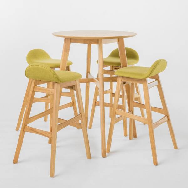 Noble House Moria 5-Piece Green Tea Fabric and Natural Oak Bar-Height Dining Set