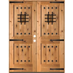 60 in. x 80 in. Mediterranean Knotty Alder Square Top Clear Left-Hand Inswing Wood Double Prehung Front Door