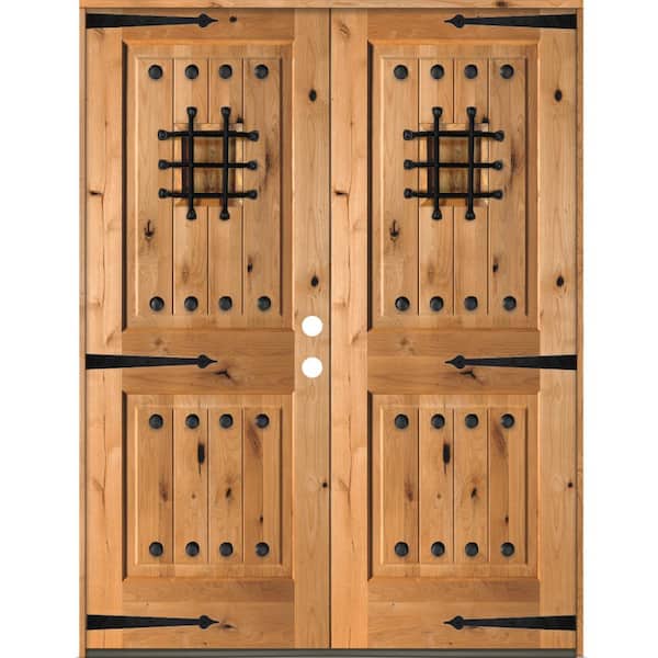 64 in. x 80 in. Mediterranean Knotty Alder Square Top Clear Left-Hand Inswing Wood Double Prehung Front Door