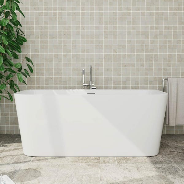 MYCASS AcryliBS 59 in. Acrylic Flatbottom Freestanding Bathtub Non-Whirlpool Soaking Rectangular Thin Edge Bathtub in White