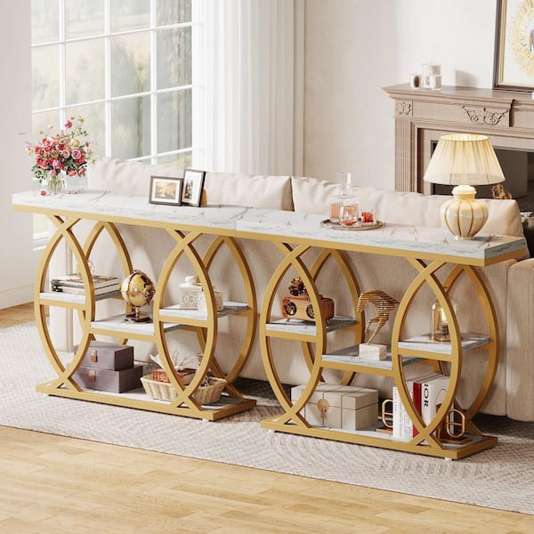 Turrella 39.4 in. White Rectangle Wood Console Table with Metal Frame, Industrial 4-Tier Sofa Table Entryway Table