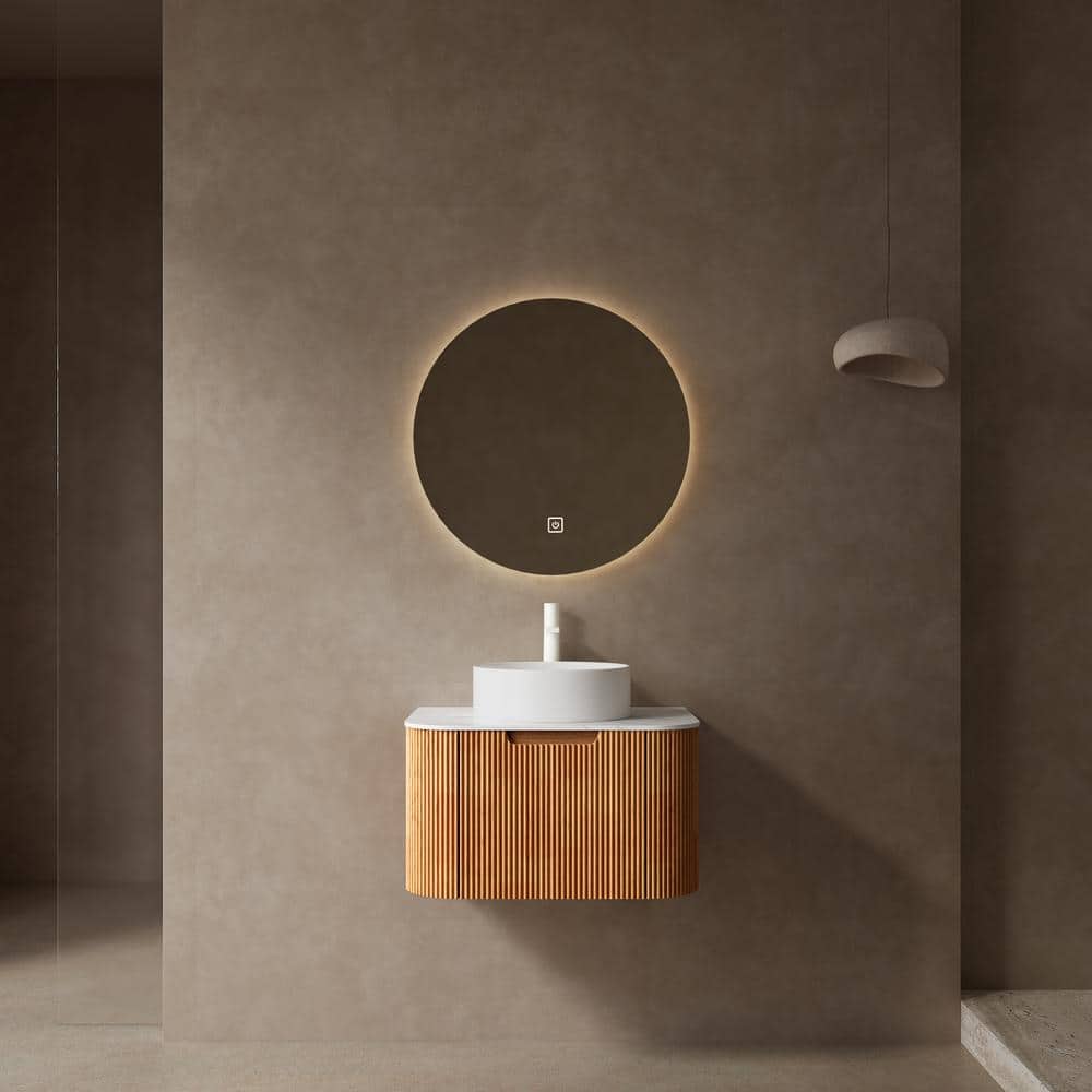 24 in. Wall-Mounted Natural Wood Bath Vanity with White Engineered Marble T