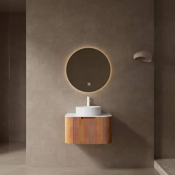 24 in. Wall-Mounted Natural Wood Bath Vanity with White Engineered Marble Top Assembled