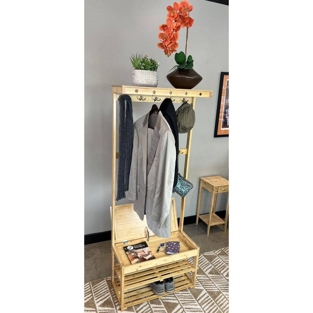 Natural Bamboo Entryway Hall Tree with Storage Bench and Hooks