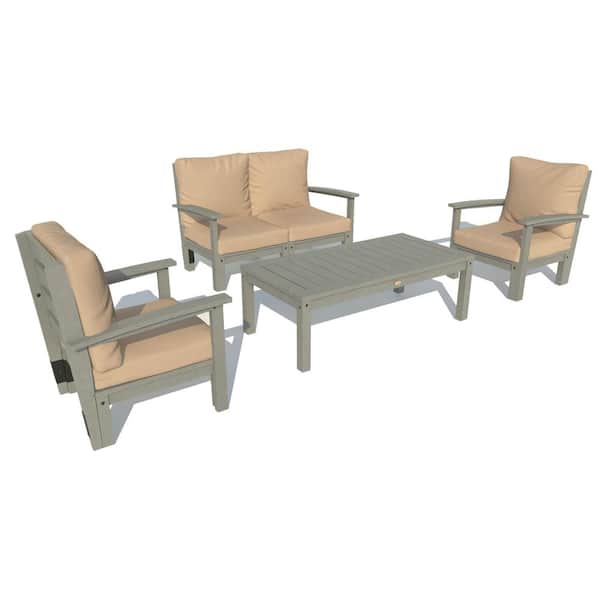 Highwood Bespoke Deep Seating 4-Piece Plastic Outdoor Loveseat, Set of Chairs and Conversation Table and Driftwood Cushions