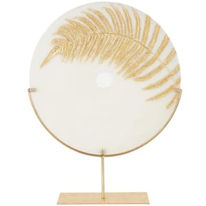 White 20 in. x 25 in. Polystone Round Disk Leaf Sculpture with Center Cutout and Gold Base