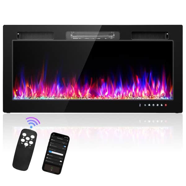 42 in. Wall-Mount Electric Fireplace in Black with Multi-Color Flames and WIFI Function