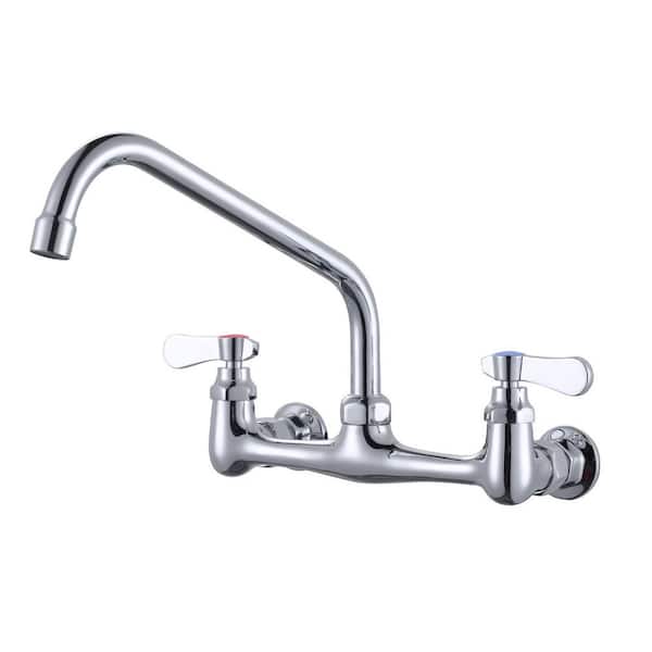 Double Handle Wall Mounted Standard Kitchen Faucet, Commercial Faucet with 8 in. Long Spout in Polished Chrome