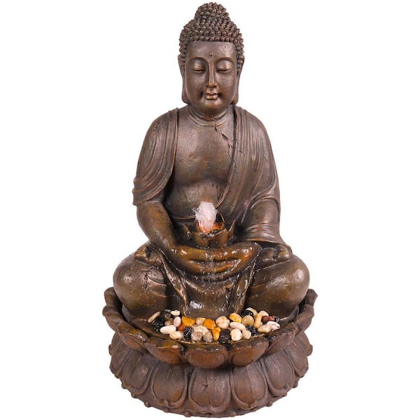 Sitting Buddha Water Feature Fountain Solar Powered Metal Effect Indoor Outdoor