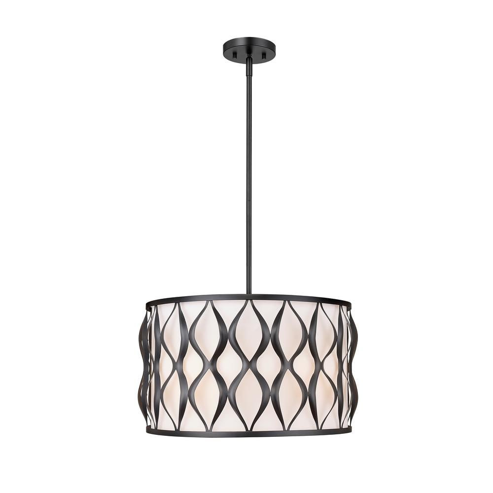 Harden Matte Black Steel Drum Pendant Light with White Fabric Shade