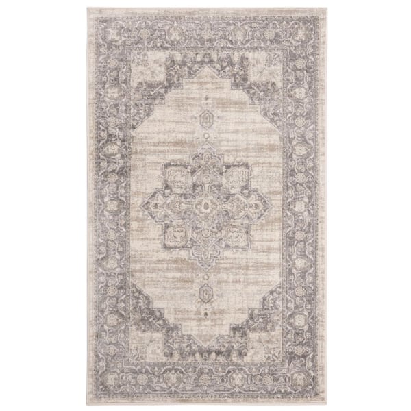 SAFAVIEH Brentwood Cream/Gray Doormat 3 ft. x 5 ft. Floral Medallion Border Area Rug