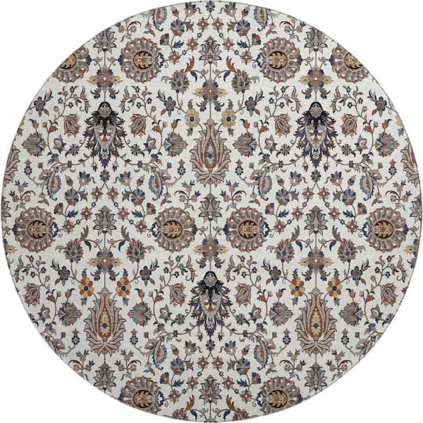 Mayfield Premium Machine Washable Abstract AMF2192 Ivory 8 ft. x 8 ft. Round Rug