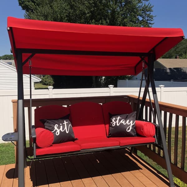 PURPLE LEAF 3-Person All-Weather Steel Frame Porch Swing with Adjustable Tilt Canopy, Cushions and Pillow Included, Terra