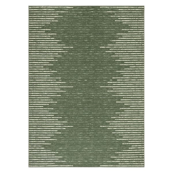 Washable Dark Green 10 ft. x 13 ft. Modern Striped Printed Low Pile Soft Thin Carpet Stain Resistant Nonslip Area Rug