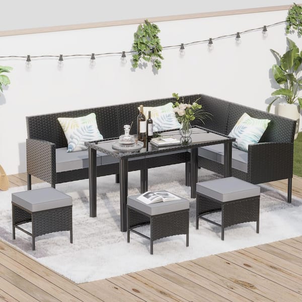 Tenleaf 7-Piece Wicker Patio Conversation Set with Gray Cushions, Glass Table