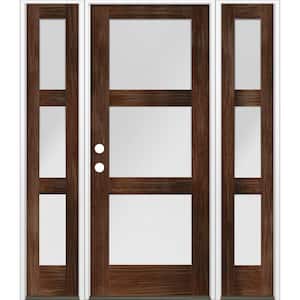 64 in. x 80 in. Modern Douglas Fir 3-Lite Right-Hand/Inswing Frosted Glass Red Mahogany Stain Wood Prehung Front Door