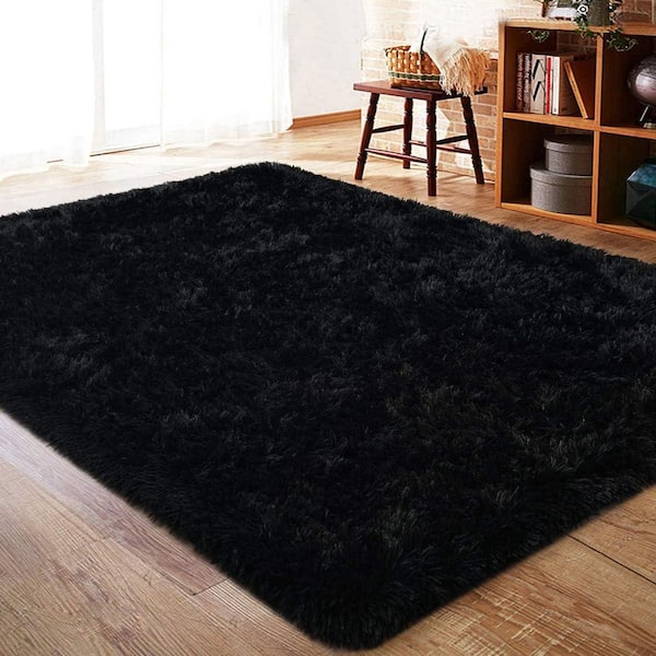 4 ft. x 6 ft. Black Rug Super Soft Shaggy-Fuzzy and Comfy for Indoor in Black