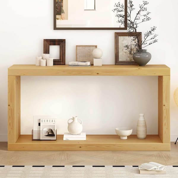 Polibi 59.6 in. Natural Rectangle Wood Console Table Entryway Table ...