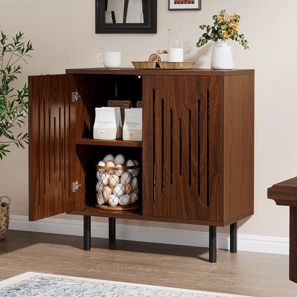Brown Oak Wood 63'' Modern Sideboard Buffet Cabinet with Metal Legs