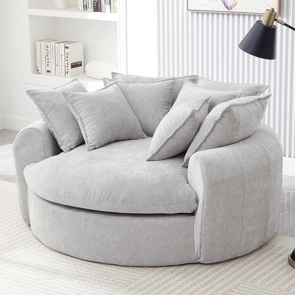 Full-Compressed 59.8 in Rolled Arm Chenille Round Chaise Lounge Sofa in Light Gray with 8 Pillows, Boneless Sofa Bed
