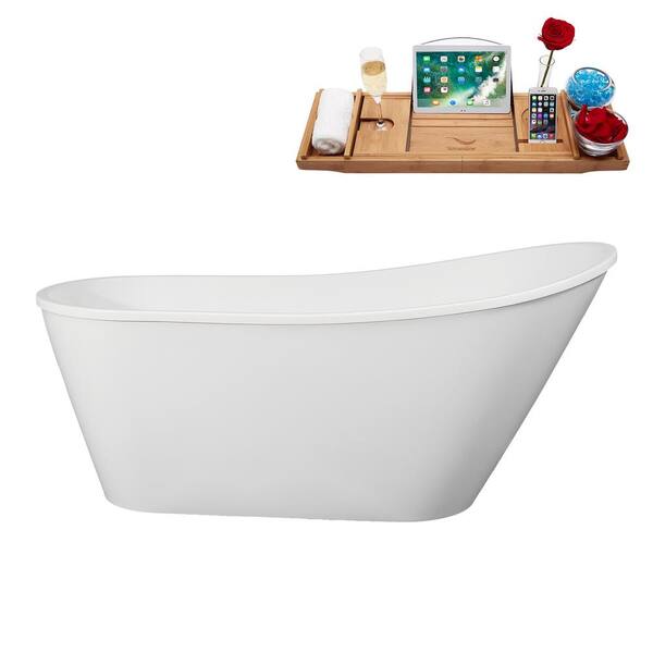 Streamline 61 in. x 31 in. Acrylic Freestanding Soaking Bathtub in Glossy White With Brushed Brass Drain, Bamboo Tray