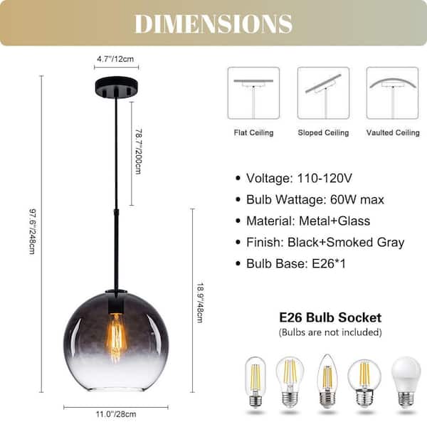 Aero Globe 1-Light Black Gray Moderne Pendant with Smoked Seeded Glass Shade