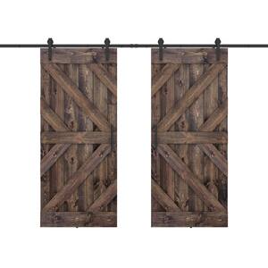 Triple KR 48 in. x 84 in. Fully Set Up Dark Brown Finished Pine Wood Sliding Barn Door with Hardware Kit