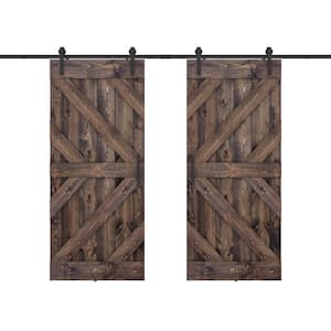Triple KR 60 in. x 84 in. Fully Set Up Dark Brown Finished Pine Wood Sliding Barn Door with Hardware Kit