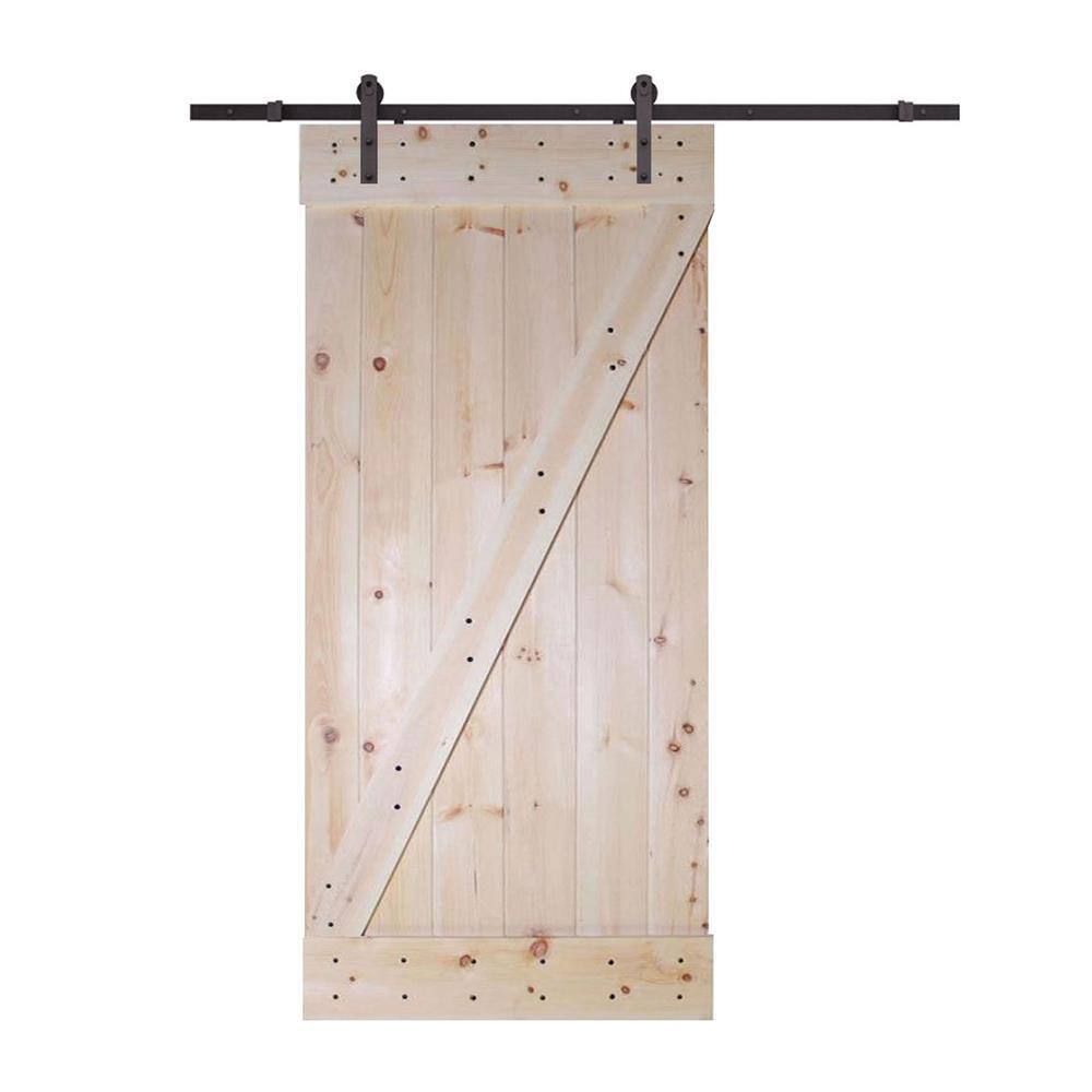 CALHOME 24 in. x 84 in. Z-Bar Unfinished Wood Sliding Barn Door with ...