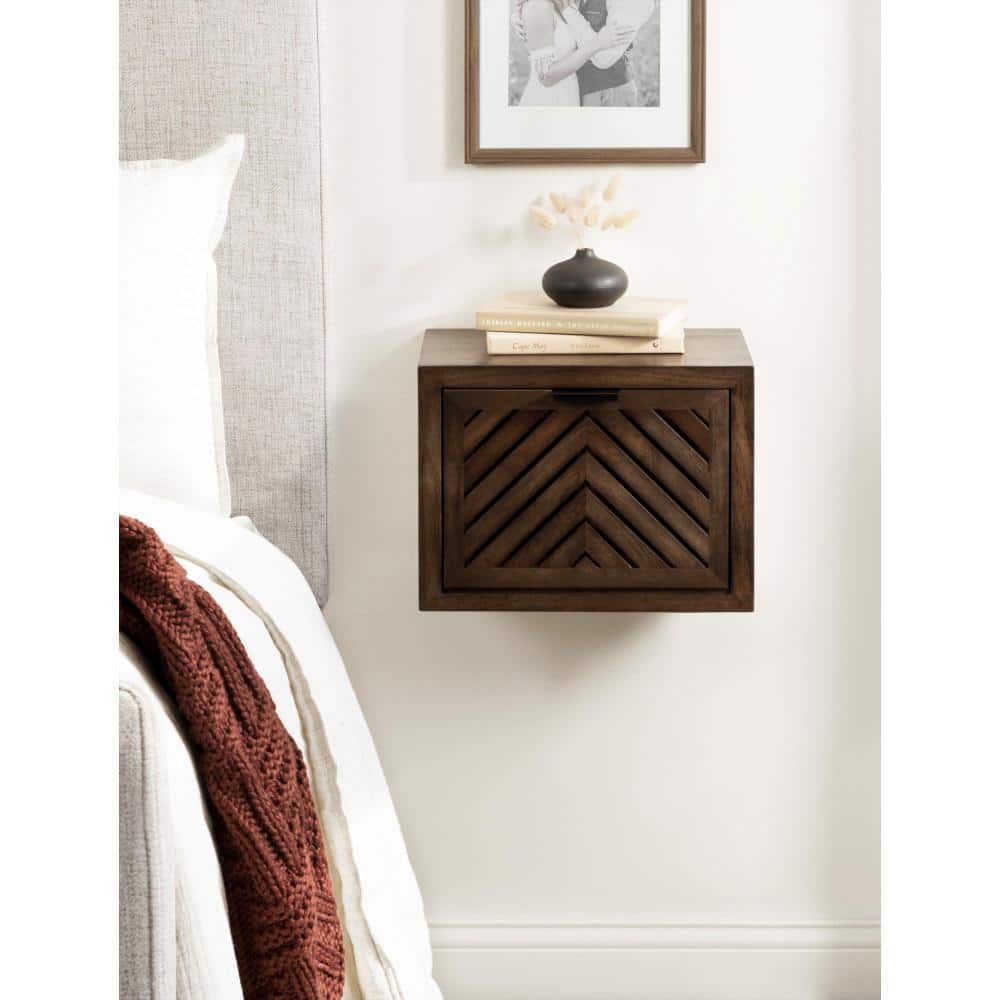 Natural Mango Wood Floating Side Table with Slatted Door