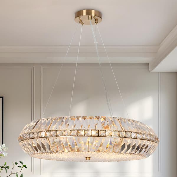 LNC Peathlitberry 10-Light Plated Brass Glam Crystal Chandelier Modern Island Pendant for Living Room, LED Compatible