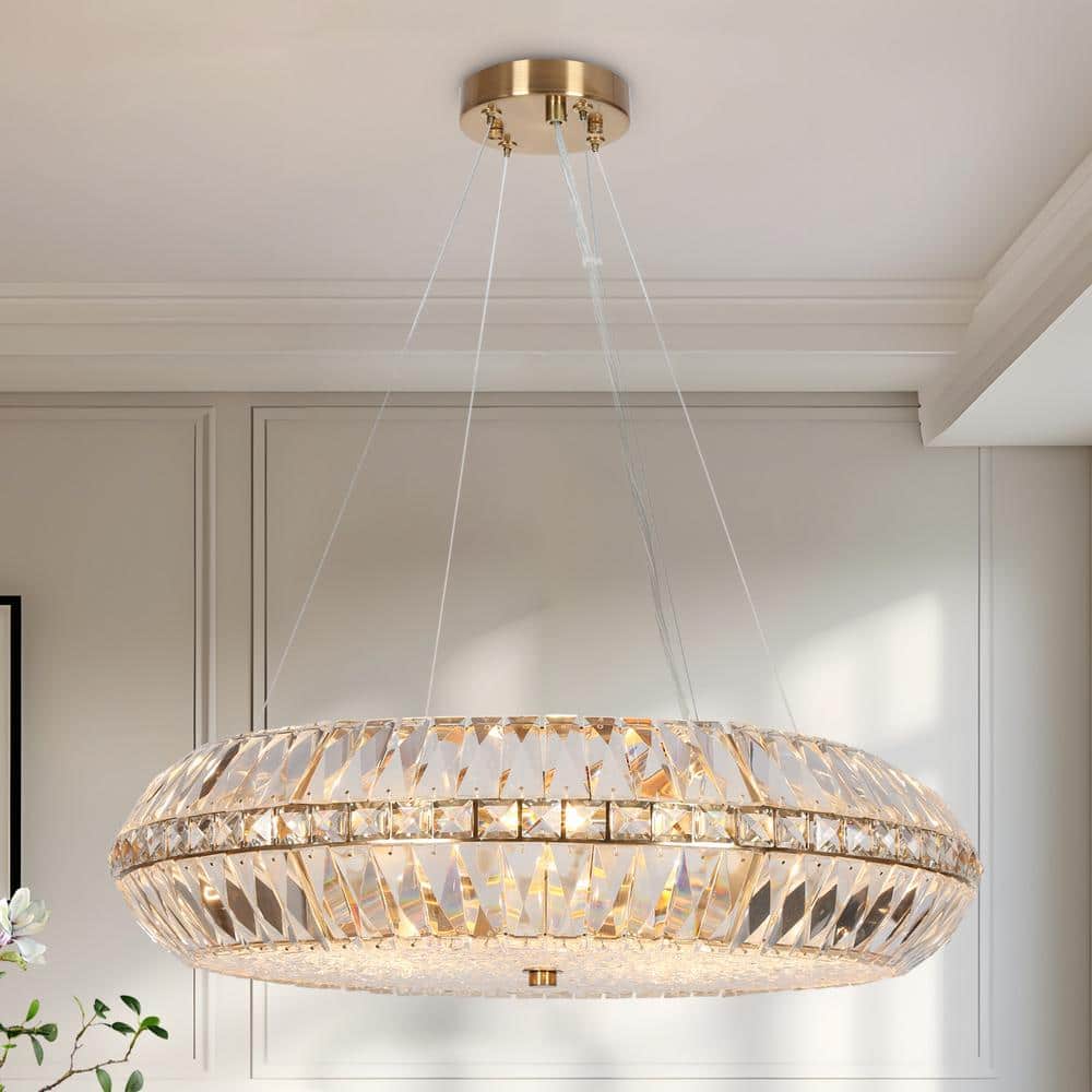 Gold Brass Crystal 10-Light Drum Chandelier