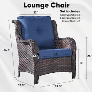 Porch Brown Wicker Outdoor Lounge Chair with Blue Cushions (2-Pack)