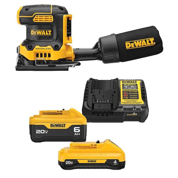 DEWALT 20V MAX XR Cordless Brushless 1/4 Sheet Variable Speed Sander with 20V 6.0Ah and 4.0Ah Batteries, Charger & Kit Bag