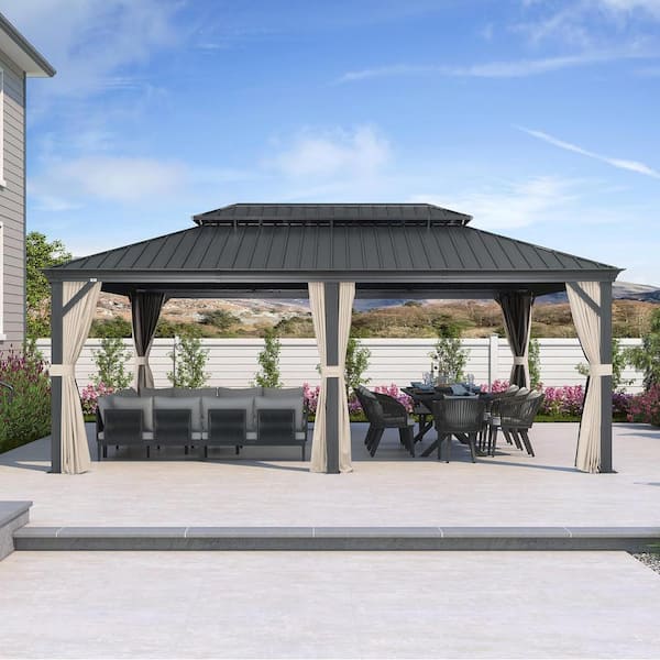 12 ft. x 20 ft. Luxury Patio Outdoor Gazebo for Backyard Hardtop Aluminum Frame with Hooks,Upgrade Beige Curtain