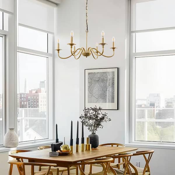 6-Light Gold Rustic Candle Iron Chandelier for Dining Room and Living Spaces