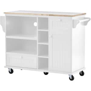Grondin White Kitchen Island Cart with Storage Cabinet and Locking Caters, Buffet Server with Solid Wood Top