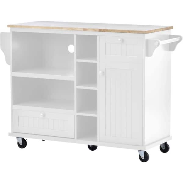 Hooseng Grondin White Kitchen Island Cart with Storage Cabinet and Locking Caters, Buffet Server with Solid Wood Top