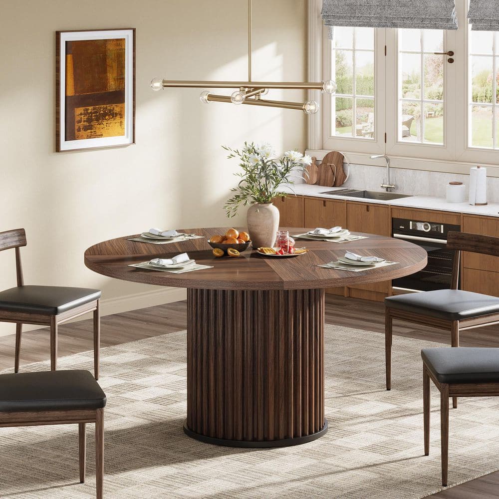 Roesler Brown Wood 47 in. Wood Circular Pedestal Round Dinning Room Dining Table Seat 4 Industrial Modern Simple