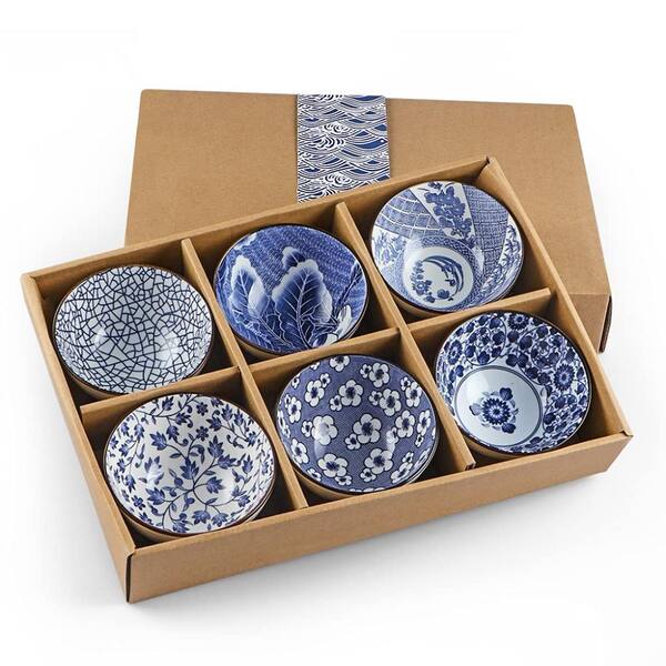 10 fl. oz. Blue and White Ceramic Soup and Rice Bowls Assorted Patterns Set of 6 Salad, Dessert, Pasta & Soup Bowls