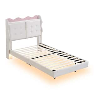 Beige Wood Frame Twin Platform Bed with LED Light Strips